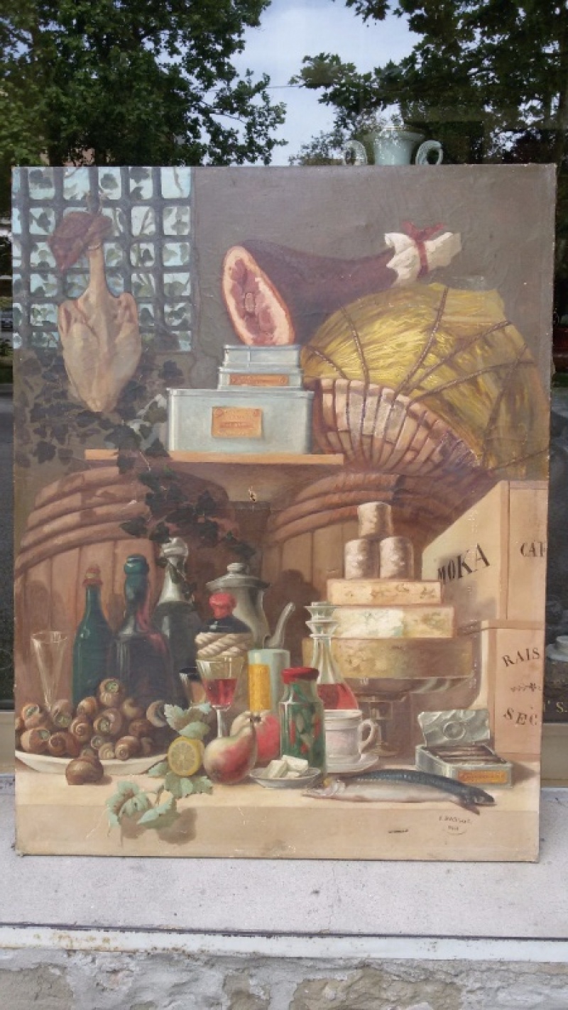 Dipinto olio su tela, raffigurante l'interno di una cucina dispensa, realizzato e firmato da Ferdinand Bassot (Francia, 1843-1900).
