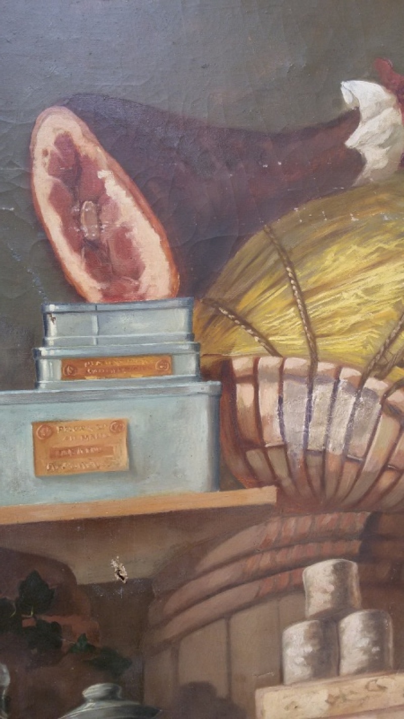 Dipinto olio su tela, raffigurante l'interno di una cucina dispensa, realizzato e firmato da Ferdinand Bassot (Francia, 1843-1900).